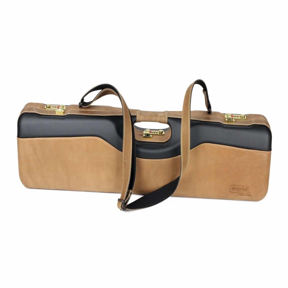 Negrini 16405 Ultra-Compact Over-Under and Side-by-Side Shotgun Hard Case Lightweight Upland Hunting Gun Case with Locks, Black/Nespola Leather/Black