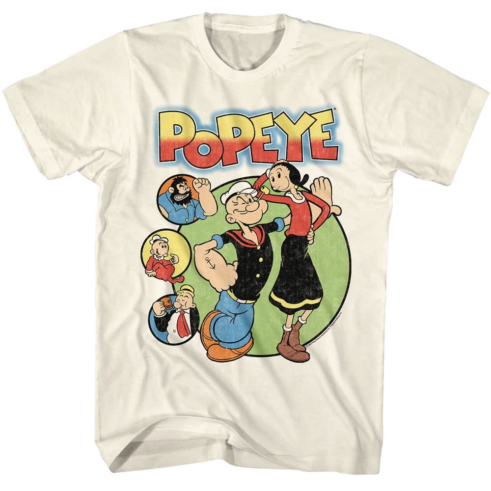 American Classics Mens Popeye Olive OYL Bluto Wimpy Short Sleeve Cartoon Vintage Style Graphic T-Shirt - Large - Natural