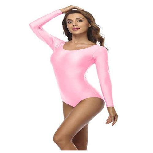 Adult Basic Long Sleeve Leotard Scoop Neck Spandex Ballet Dance Gymnastics Bodysuit Leotard Bodysuit Pink XXXL(height185-190cm
