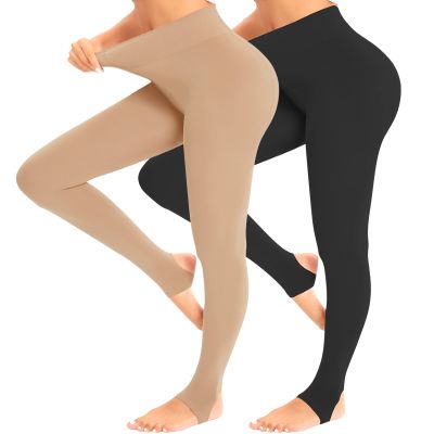 DOCUMO 2 Pack Black Nude Tights for Women 80 Denier Opaque Tights Soft Solid Color High Waist Stretchy Pantyhose (Stirrup Black+Nude, Small)