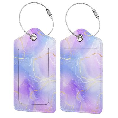 2Pcs Light Purple Blue Leather Luggage Tags with Golden and White Lines for Women Girls Travel, Pretty Abstract Lavender Violet Watercolor Marble Name ID Identifier Labels for Suitcase Baggage Bag