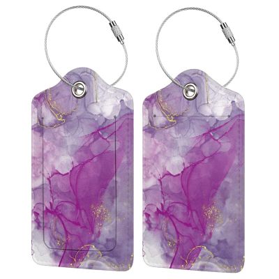 2 Pack Abstract Purple Luggage Tag for Suitcases Women, Art Painting Violet and Gold Marble PU Leather Airport Travel Bag Tags for Cruise Ships, Baggage Name Tags with with Full Back Privacy Cover