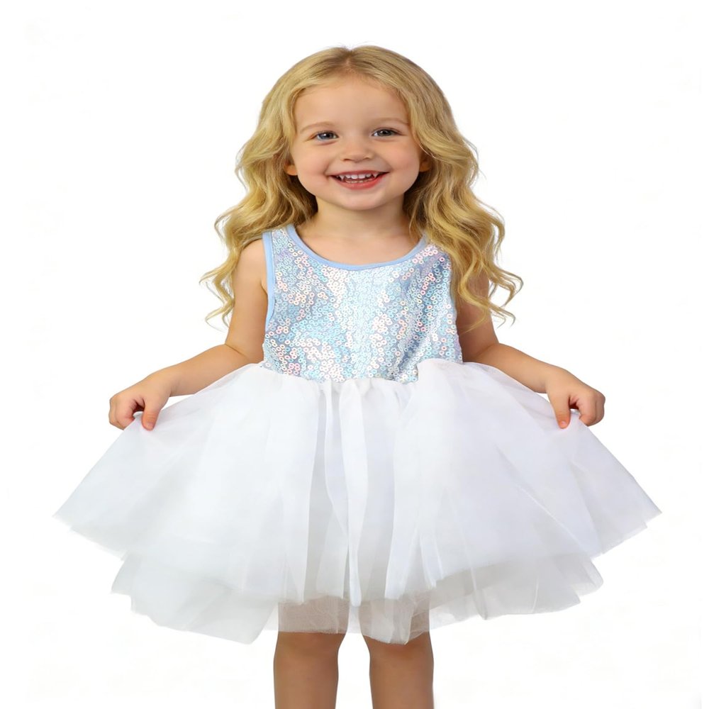 AGQT Baby Girls Birthday Tutu Dress Sequin Tulle Soft Lined Formal Princess Dresses for Party Wedding Light Blue-White 6-12 Months