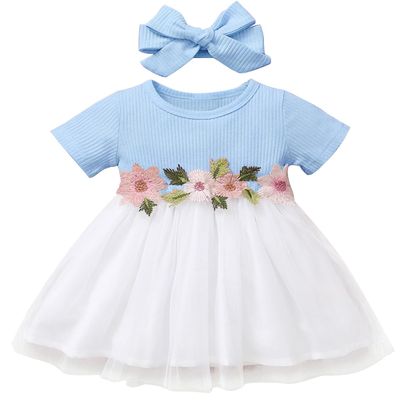 AGQT Toddler Girls Baptism Dress 3D Flower Lace Birthday Wedding Short Sleeve Vintage Summer Christening Knit Dress with Headband Light Blue Size 18-24 Months