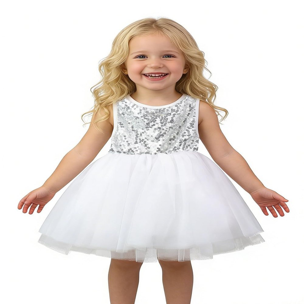 AGQT Baby Girls Birthday Tutu Dress Sequin Tulle Soft Lined Formal Princess Dresses for Party Wedding Silvery White 12-18 Months