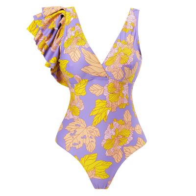 Womens One Piece Swimsuits Vintage Self Tie Strap V Neck Floral Print Bathing Suits Backless Tummy Control Swimwear Monokini Beachwear Purple X-Large