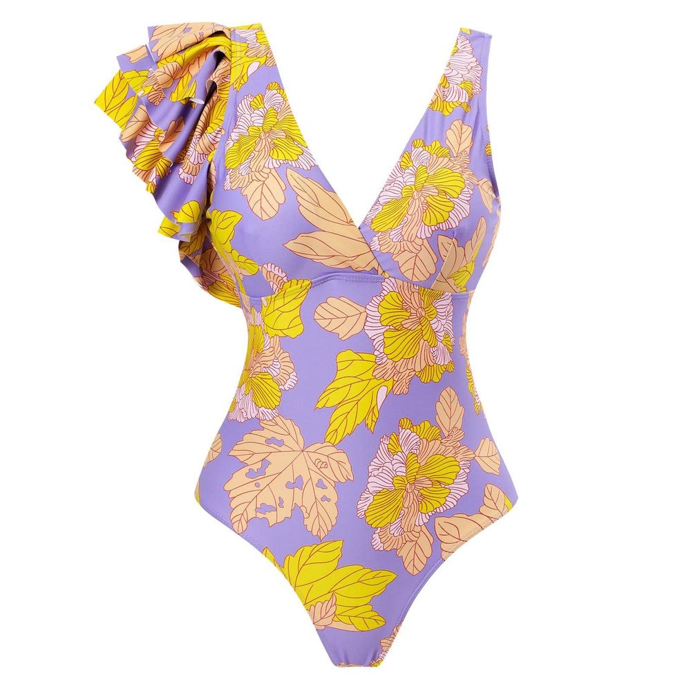 Womens One Piece Swimsuits Vintage Self Tie Strap V Neck Floral Print Bathing Suits Backless Tummy Control Swimwear Monokini Beachwear Purple X-Large