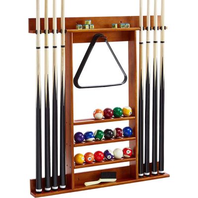 Gruytoie Wall Cue Rack for Billiards, Wood Billiard Pool Stick Holder Wall Mount, Holds 8 Pool Cue Sticks a Full Set of Balls, for Game Room, Clubs, Bars