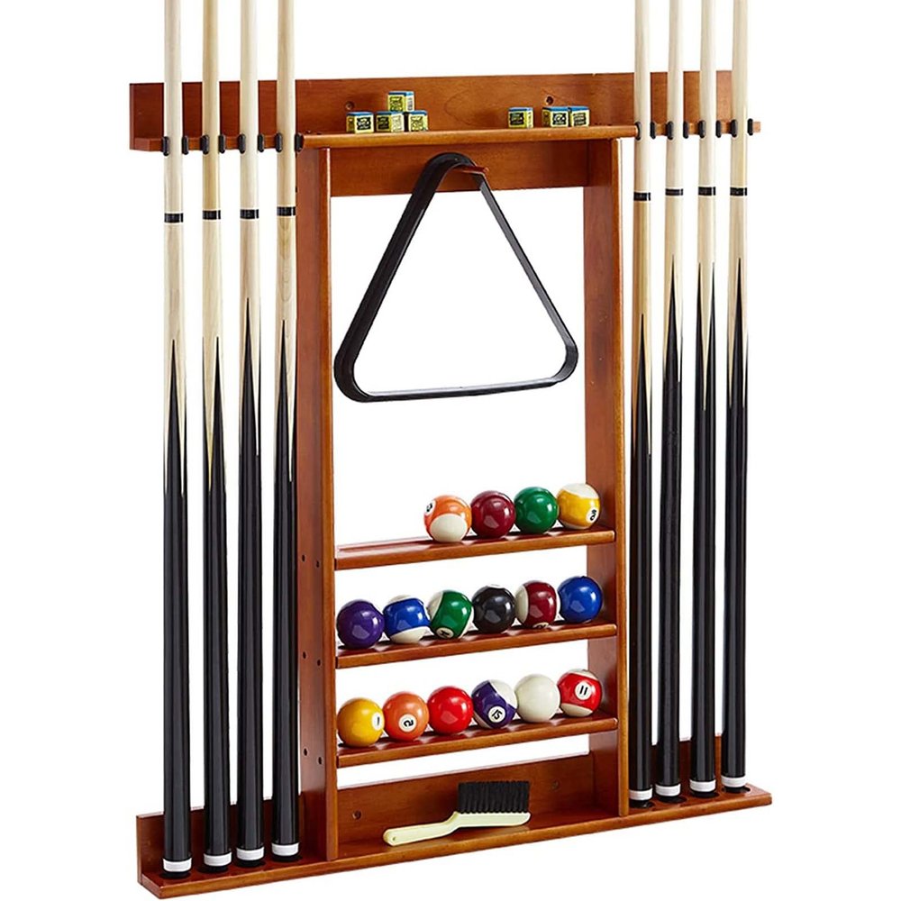 Gruytoie Wall Cue Rack for Billiards, Wood Billiard Pool Stick Holder Wall Mount, Holds 8 Pool Cue Sticks a Full Set of Balls, for Game Room, Clubs, Bars