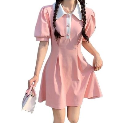 Kawaii Sailor Collar Puff Sleeve Girl White Pink Flower Dress Vintage Cosplay Lolita Women Beach (Color : Pink, Size : X-Large)