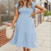 MEROKEETY Women's Flutter Sleeve Smocked Midi Dress V Neck Casual Tiered Dresses with Pockets,LightBlue,M view 4