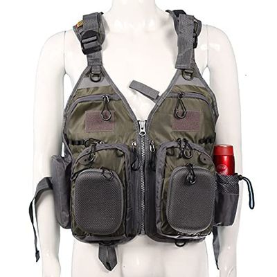 JKSPORTS Fly Fishing Vest Fishing Safety Life Jacket for Swimming Sailing Boating Kayak Floating Multifunction Breathable Backpack for Men and Women Kayak Vest Swim Vest (Green and Gray,with Foam)
