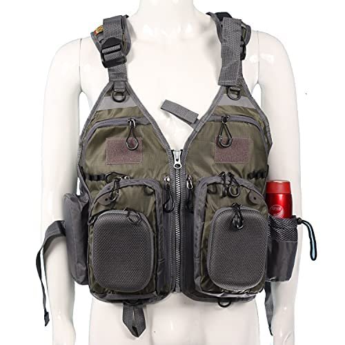 JKSPORTS Fly Fishing Vest Fishing Safety Life Jacket for Swimming Sailing Boating Kayak Floating Multifunction Breathable Backpack for Men and Women Kayak Vest Swim Vest (Green and Gray,with Foam)