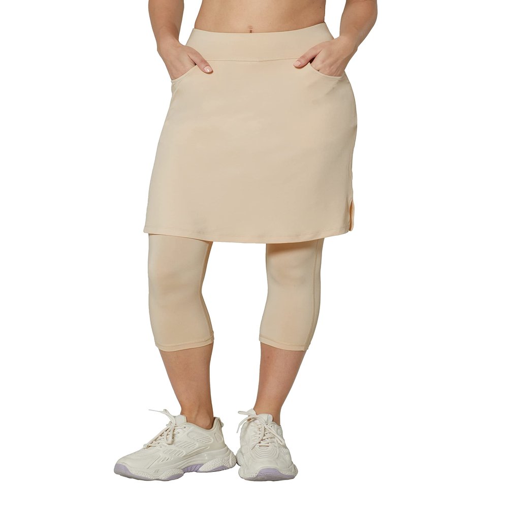HOKOYI Modest Skirt with Leggings Attached for Women Workout Knee Length Swim Capri Pants with 2 Pockets kh m Khaki