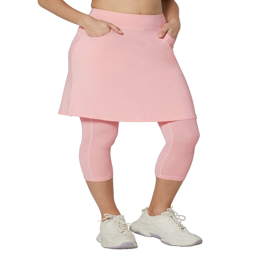 HOKOYI Modest Skirt with Leggings Attached for Women Workout Knee Length Swim Capri Pants with 2 Pockets pk XL Pink