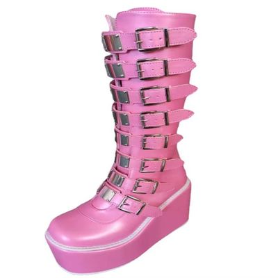 HINDOLA Women Platform Punk Goth Mid Calf Boots Chunky High Heel Round-Toe Back-Zip Knee High Motorcycle Booties Combat Boots