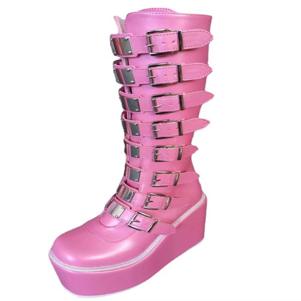 HINDOLA Women Platform Punk Goth Mid Calf Boots Chunky High Heel Round-Toe Back-Zip Knee High Motorcycle Booties Combat Boots