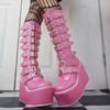 HINDOLA Women Platform Punk Goth Mid Calf Boots Chunky High Heel Round-Toe Back-Zip Knee High Motorcycle Booties Combat Boots view 2