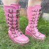 HINDOLA Women Platform Punk Goth Mid Calf Boots Chunky High Heel Round-Toe Back-Zip Knee High Motorcycle Booties Combat Boots view 4