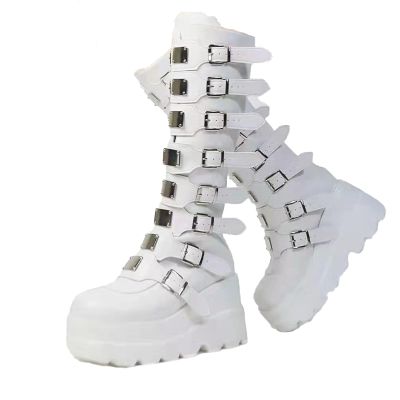 HINDOLA Women Platform Punk Goth Mid Calf Boots Chunky High Heel Round-Toe Back-Zip Knee High Motorcycle Booties Combat Boots
