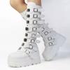 HINDOLA Women Platform Punk Goth Mid Calf Boots Chunky High Heel Round-Toe Back-Zip Knee High Motorcycle Booties Combat Boots view 2