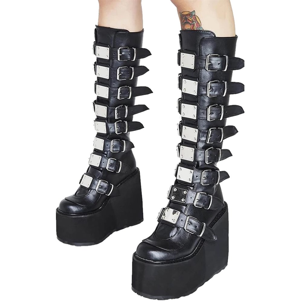HINDOLA Womens Platform Punk Goth Mid Calf Boots Rivets Metal Decoration Back-Zip Knee High Motorcycle Booties Combat Boots