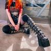 HINDOLA Womens Platform Punk Goth Mid Calf Boots Rivets Metal Decoration Back-Zip Knee High Motorcycle Booties Combat Boots view 4