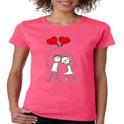 Couples Heart Ballons Cartoon Love Valentine's Women's T Shirt (3XL, Heliconia Pink)