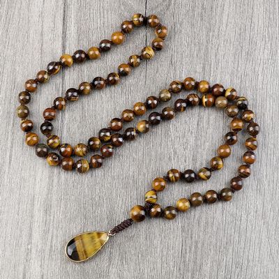 8mm Tiger Eye Stone Necklace Drop Pendant Handmade Knotted Irregular Hematite Beaded Necklaces Mala Jewelry 2S3G4 (Tiger Eye Stone)