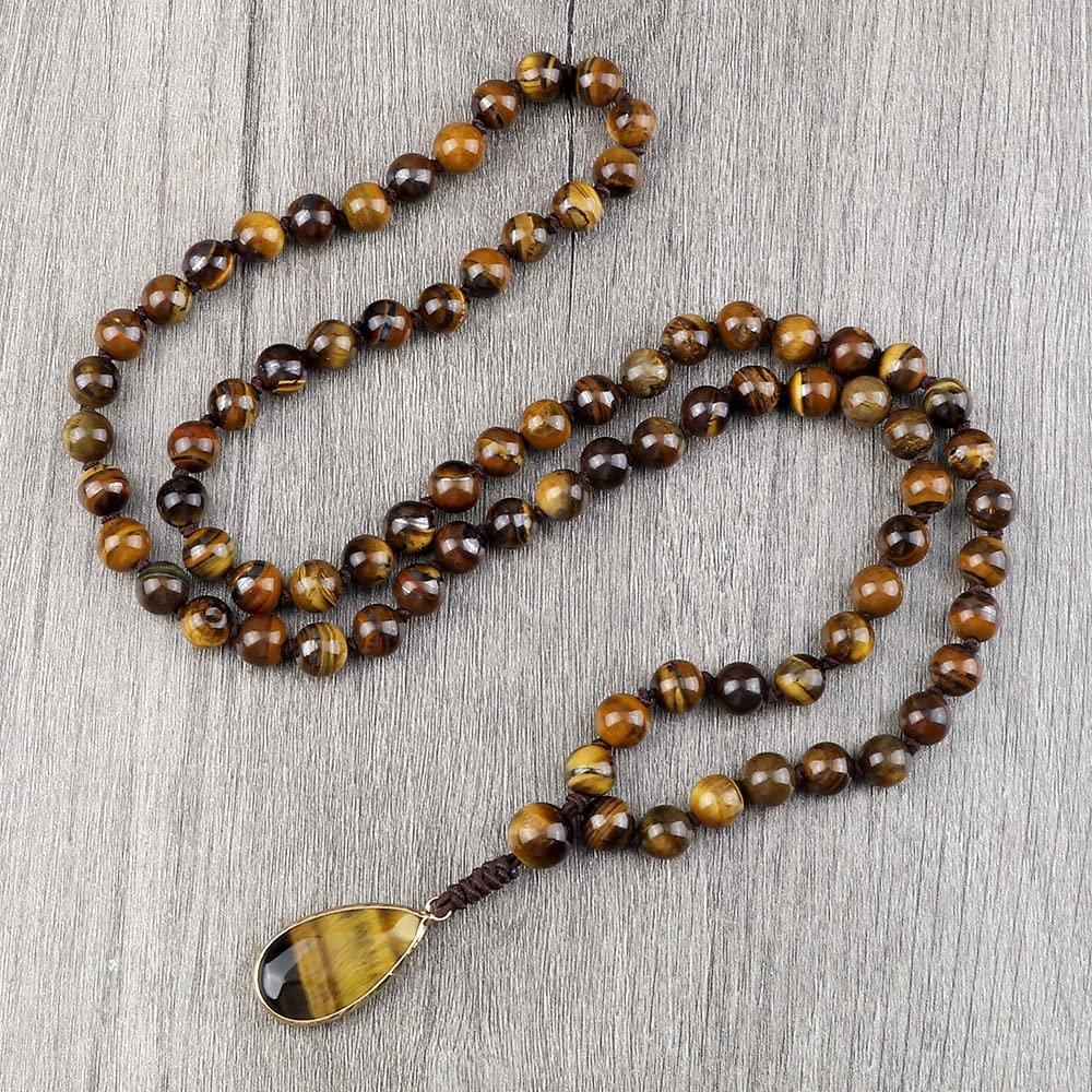 8mm Tiger Eye Stone Necklace Drop Pendant Handmade Knotted Irregular Hematite Beaded Necklaces Mala Jewelry 2S3G4 (Tiger Eye Stone)