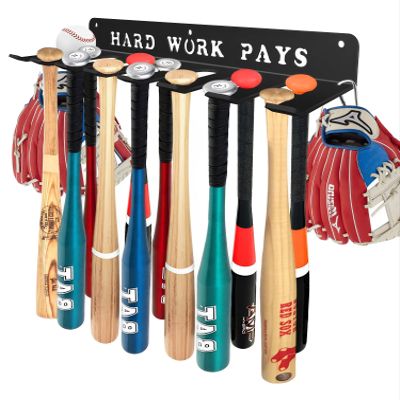 BIHOMIFI Baseball Softball Bat-Caddy Rack Hanger Organizer Equipment for Storage Hanging Bat Rack Baseball Wall Mount Fence Holds 14 Bats Metal Sports Hook Classic Carabiners Included Hard Work Pays
