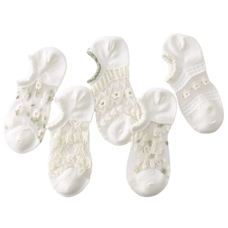 ANEBIPLE Summer Women's Ultra-thin, White Invisible Hollowed-out Crystal Cool Breathable Boat Socks (5 Pairs A)