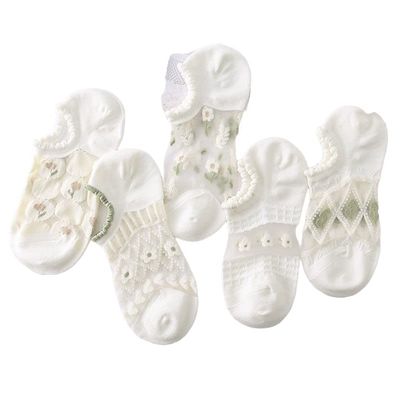 ANEBIPLE Summer Women's Ultra-thin, White Invisible Hollowed-out Crystal Cool Breathable Boat Socks (5 Pairs B)