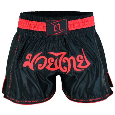PFG PRO - Elite Series Muay Thai Short - Boxing MMA Muay Thai Training & Fight (as1, Alpha, x_l, Regular, Regular, Black Red)
