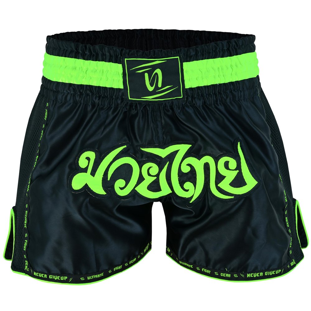 PFG PRO - Elite Series Muay Thai Short - Boxing MMA Muay Thai Training & Fight (as1, Alpha, l, Regular, Regular, Black Green)
