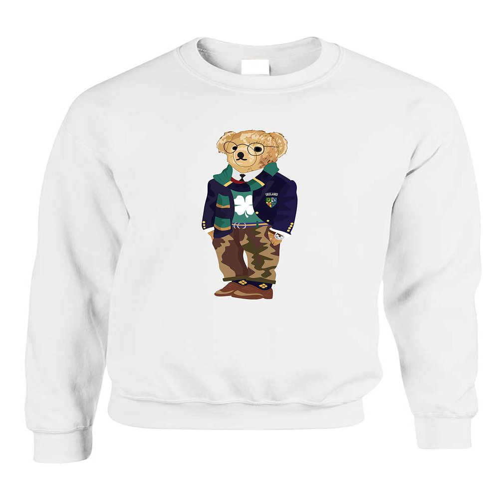 ALLNTRENDS Irish Bear Cute St Patricks Party Top Lucky Shamrock Graphic Sweatshirt (L, Irish Bear White)