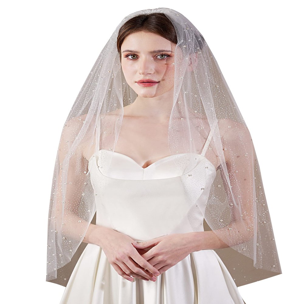EllieWely 1 Tier Glitter Tulle Pearl Wedding Bridal Veil Blusher Length Ivory F06