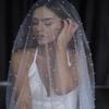 EllieWely 1 Tier Glitter Tulle Pearl Wedding Bridal Veil Blusher Length Ivory F06 view 3