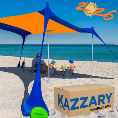 KAZZARY Beach Tent, UPF50+ 7.5x7 ft Sun Shade Canopy with Sandbags, 4 Stability Poles, Ground Pegs, Flying Disc Sand Shovel. Lightweight Sunshade Shelter, 7ft Tall for Camping Outdoor Trips and Sports
