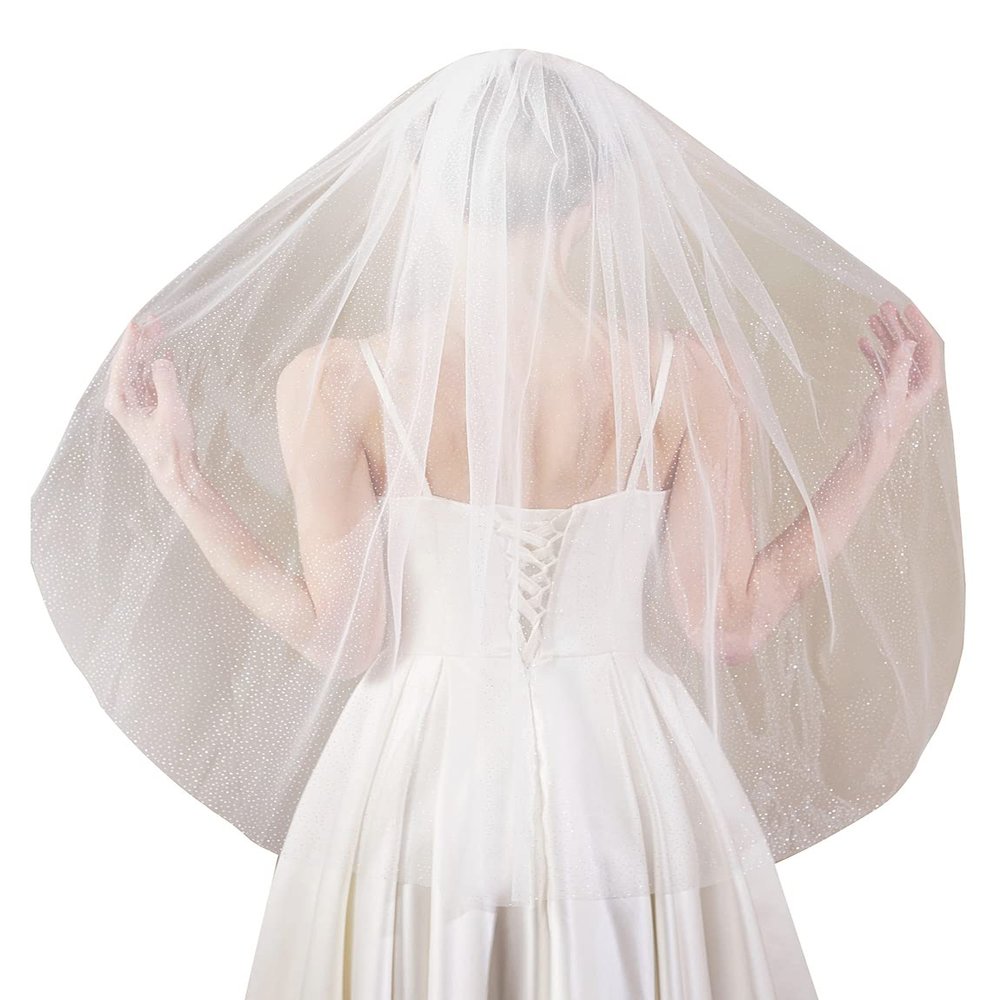EllieWely 1 Tier Glitter Tulle Wedding Bridal Veil Blusher Length White F01