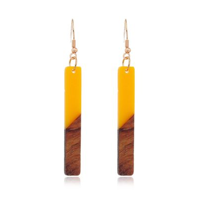 Lightweight Bohemian Wooden Acryluc Resin Geometric Bar Rould Drop Dangle Natural Wood Earrings Ethnic African Western Statement Handmade Jewelry for Women-yellow