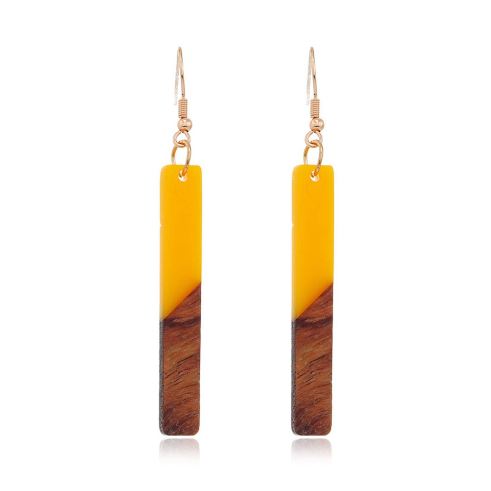 Lightweight Bohemian Wooden Acryluc Resin Geometric Bar Rould Drop Dangle Natural Wood Earrings Ethnic African Western Statement Handmade Jewelry for Women-yellow