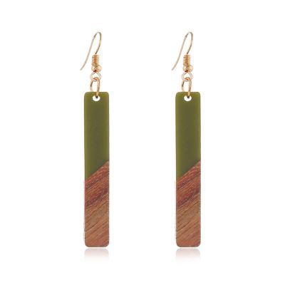 Lightweight Bohemian Wooden Acryluc Resin Geometric Bar Rould Drop Dangle Natural Wood Earrings Ethnic African Western Statement Handmade Jewelry for Women-green