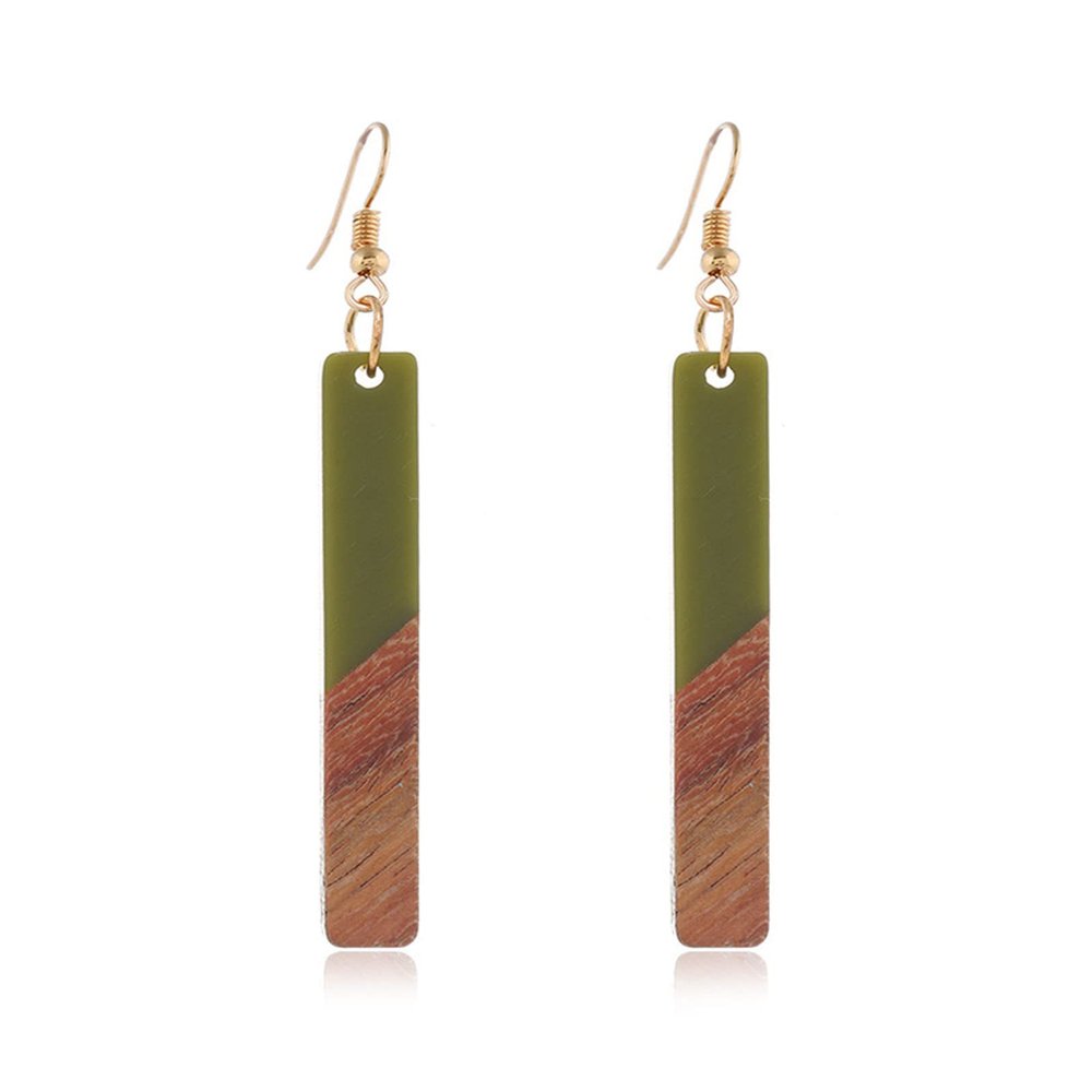 Lightweight Bohemian Wooden Acryluc Resin Geometric Bar Rould Drop Dangle Natural Wood Earrings Ethnic African Western Statement Handmade Jewelry for Women-green
