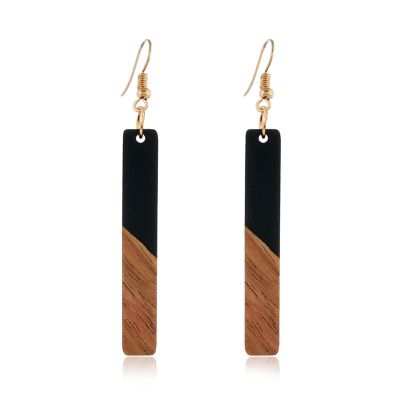 Lightweight Bohemian Wooden Acryluc Resin Geometric Bar Rould Drop Dangle Natural Wood Earrings Ethnic African Western Statement Handmade Jewelry for Women-black