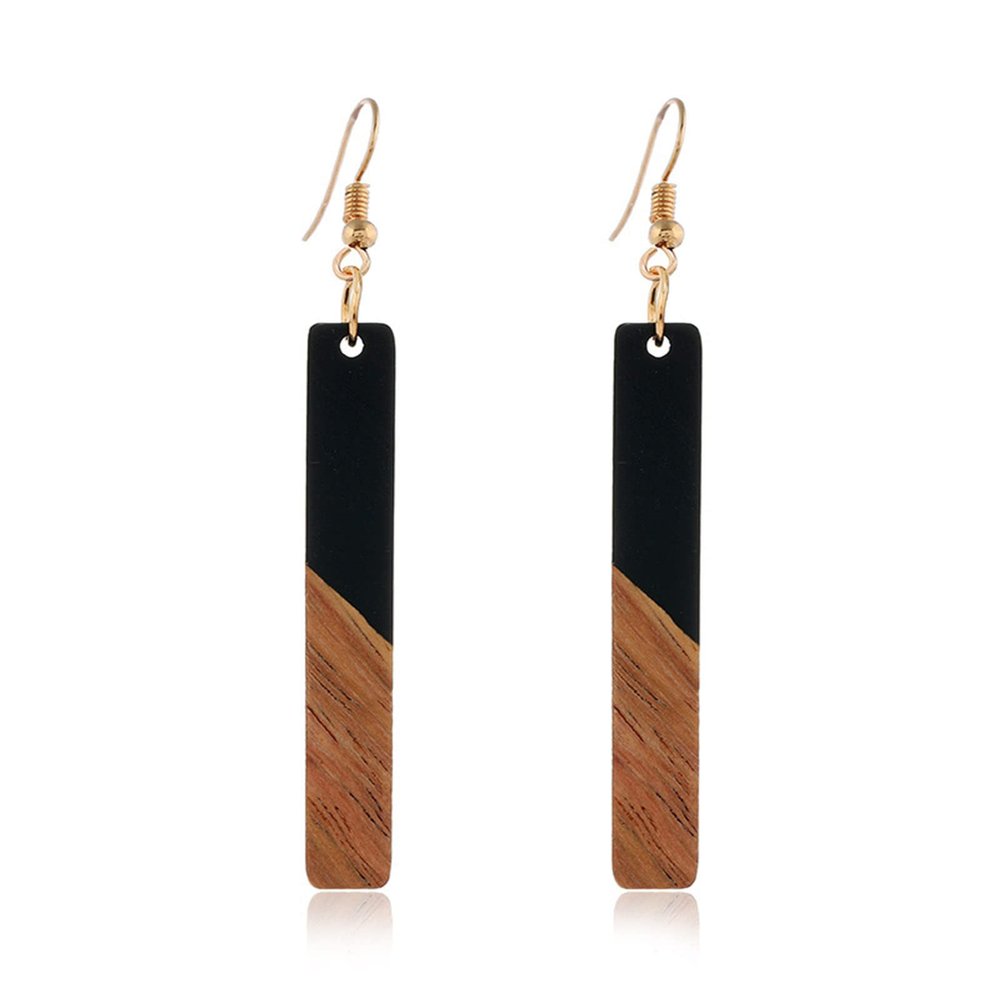Lightweight Bohemian Wooden Acryluc Resin Geometric Bar Rould Drop Dangle Natural Wood Earrings Ethnic African Western Statement Handmade Jewelry for Women-black
