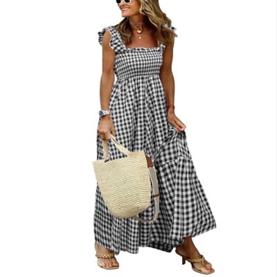 chouyatou Women's Retro Plaid Smocked Dress Spaghetti Strap Flounce Long Dress (Medium, Black)