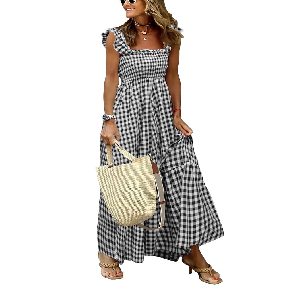 chouyatou Women's Retro Plaid Smocked Dress Spaghetti Strap Flounce Long Dress (Medium, Black)