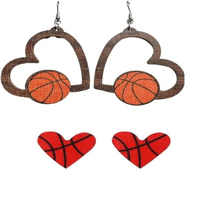 2 Pairs Sports Game Ball Football Basketball Wooden Earrings for Women Lightweight Heart Shaped Sports Rugby Baseball Volleyball Stud Earrings Sports Fans Players Jewelry -Style 2
