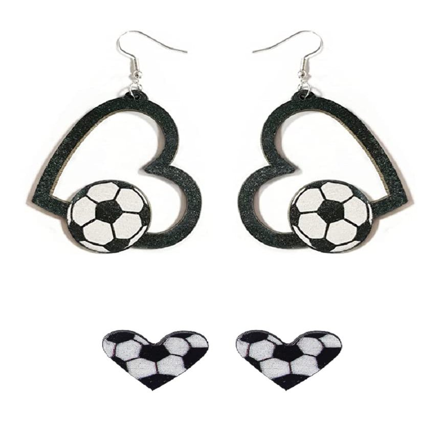 2 Pairs Sports Game Ball Football Basketball Wooden Earrings for Women Lightweight Heart Shaped Sports Rugby Baseball Volleyball Stud Earrings Sports Fans Players Jewelry -Style 5